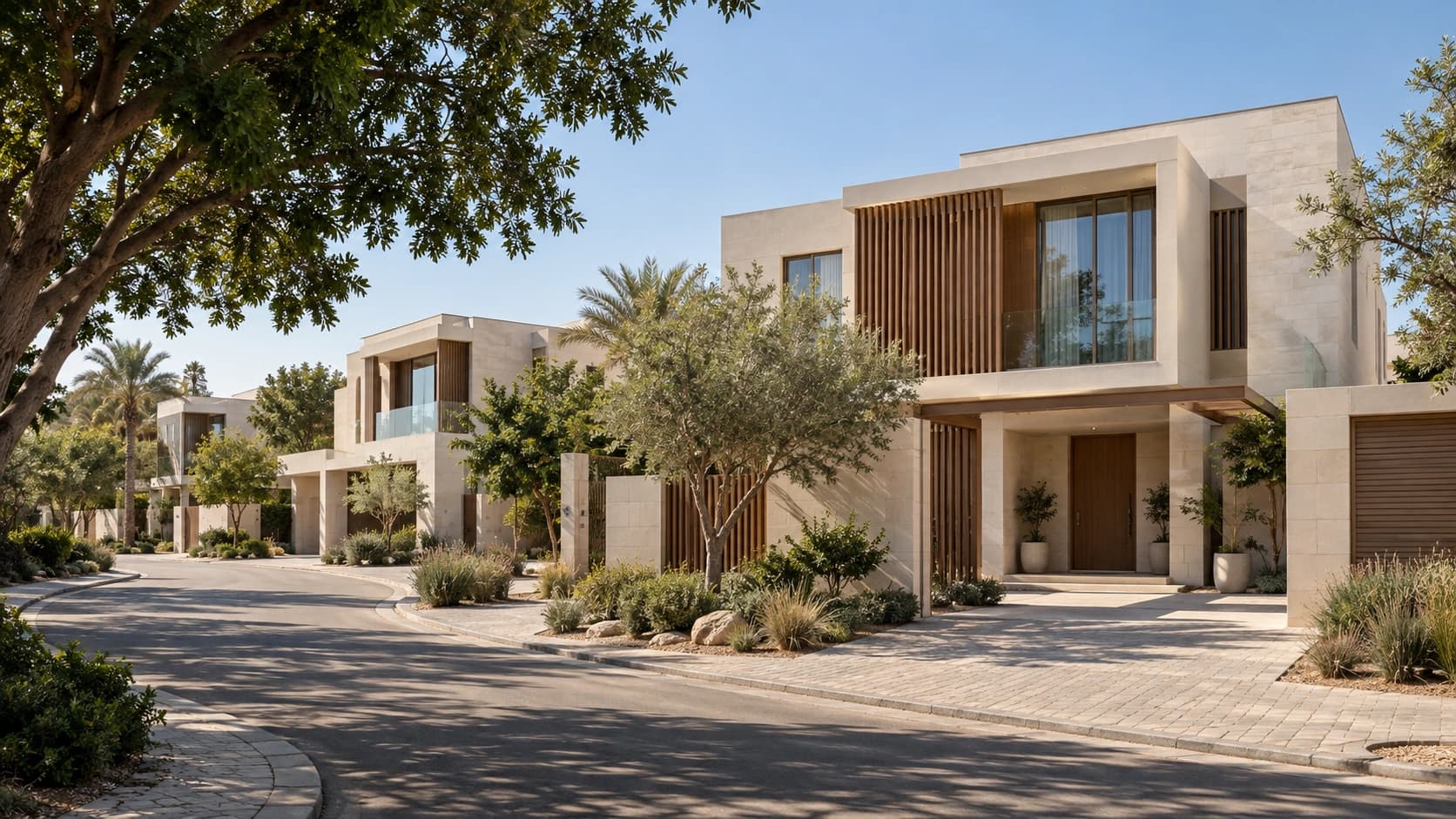 A quiet street of detached contemporary villas with shaded entrances and mature planting