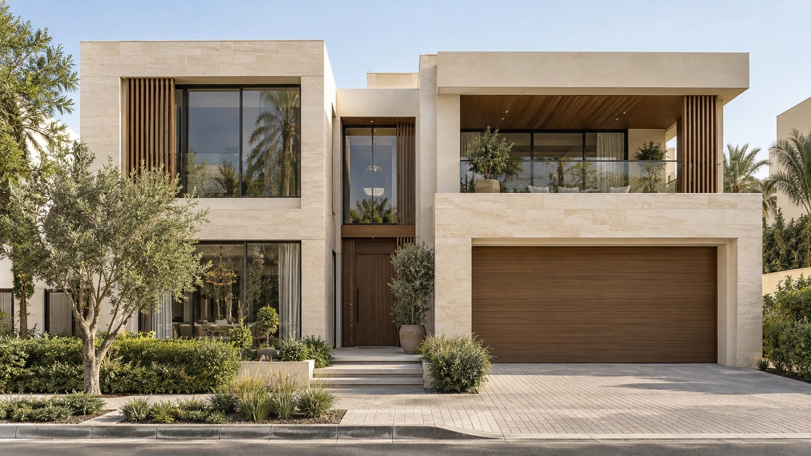 A contemporary two-storey villa with a limestone facade, shaded balcony and private garden